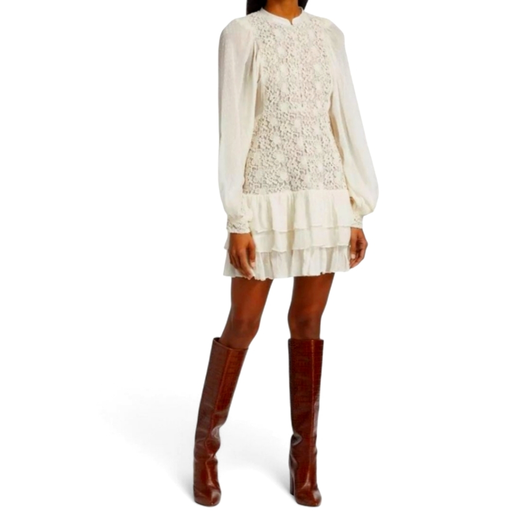 byTiMo Off White Lace Crochet Dot Jaquard Long Sleeve Button Front Mini Dress S